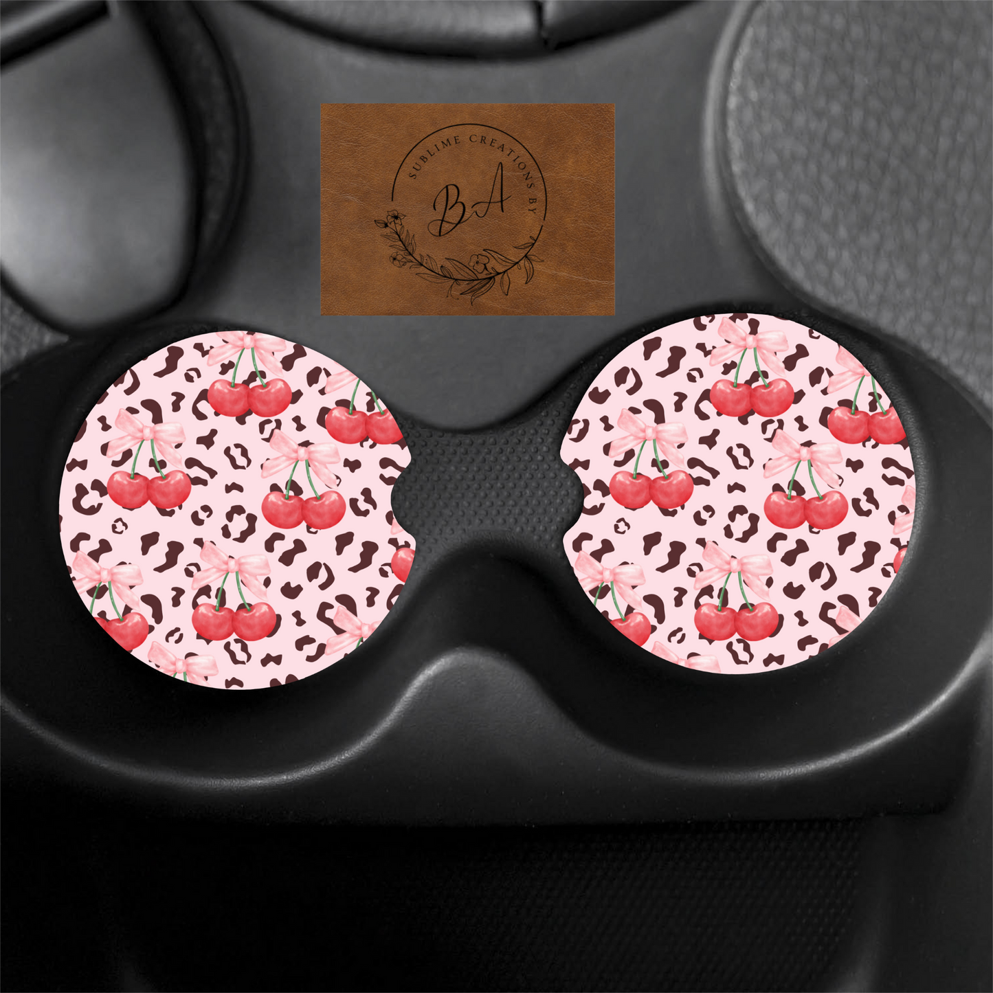 Cherry Leopard Print Car Coaster Set