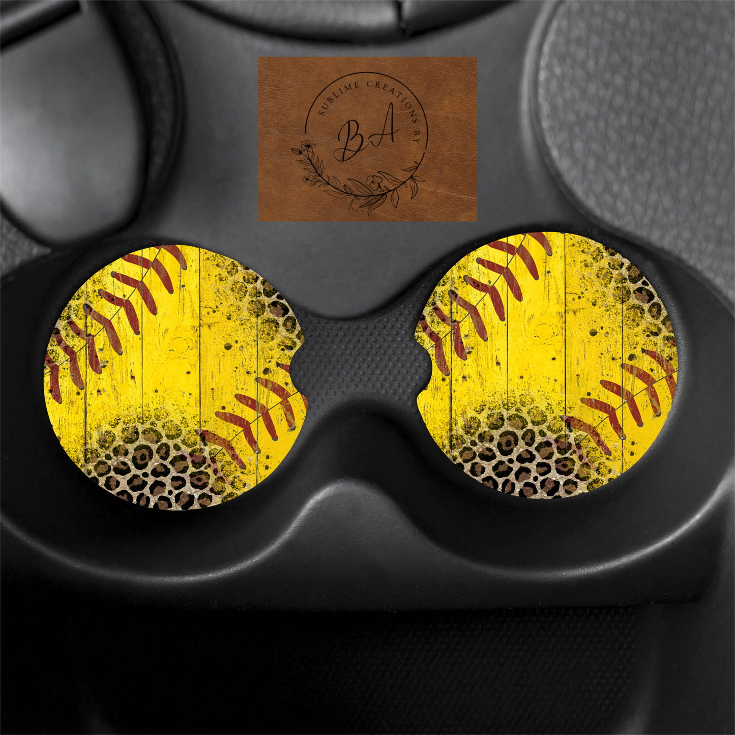 Softball Leopard Print Car Coaster Set