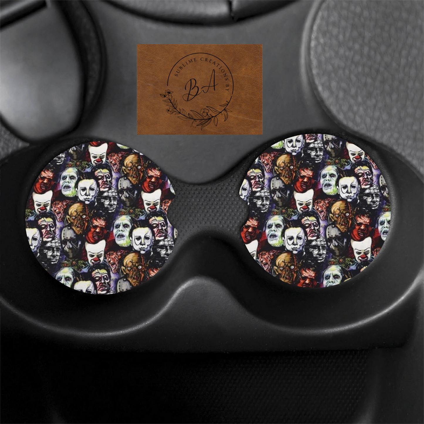 Horror Faces Print Car Coaster Set