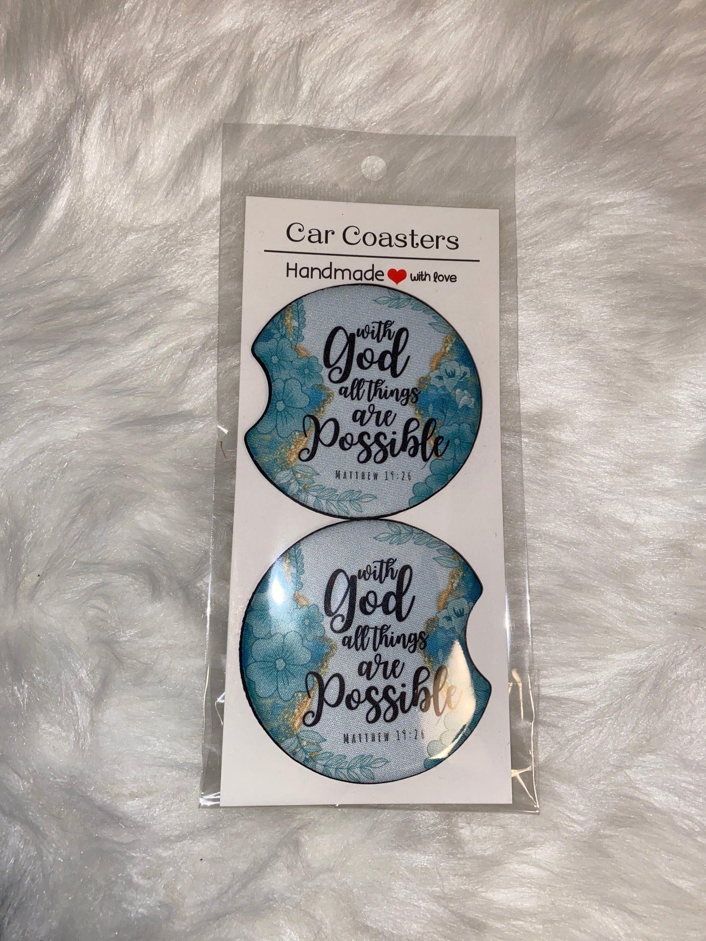 "With god all things are possible" Print Car Coaster Set
