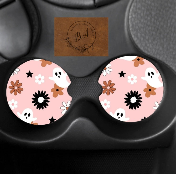 Ghost Floral Print Car Coaster Set