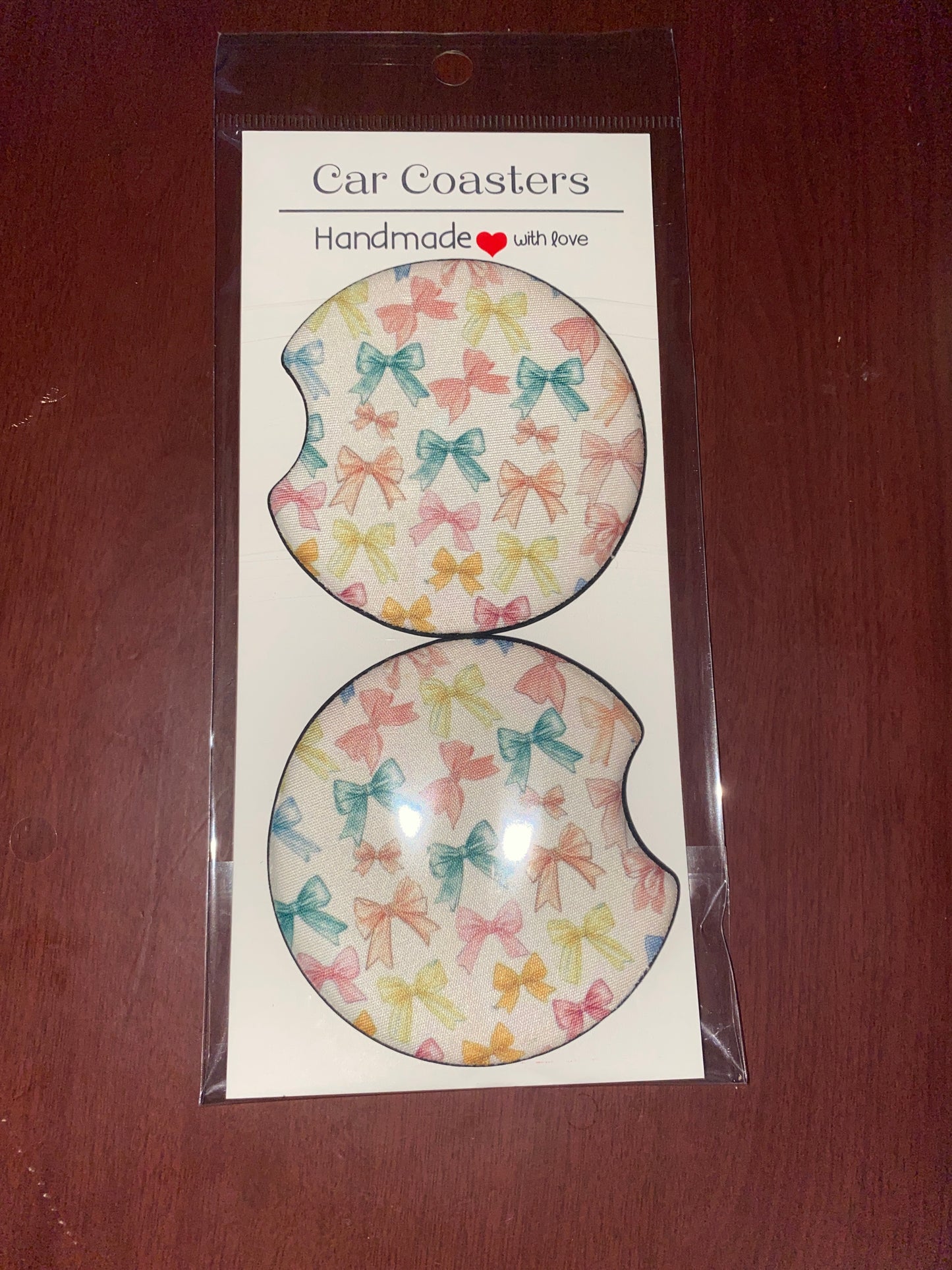Colorful Bow Print Car Coaster Set