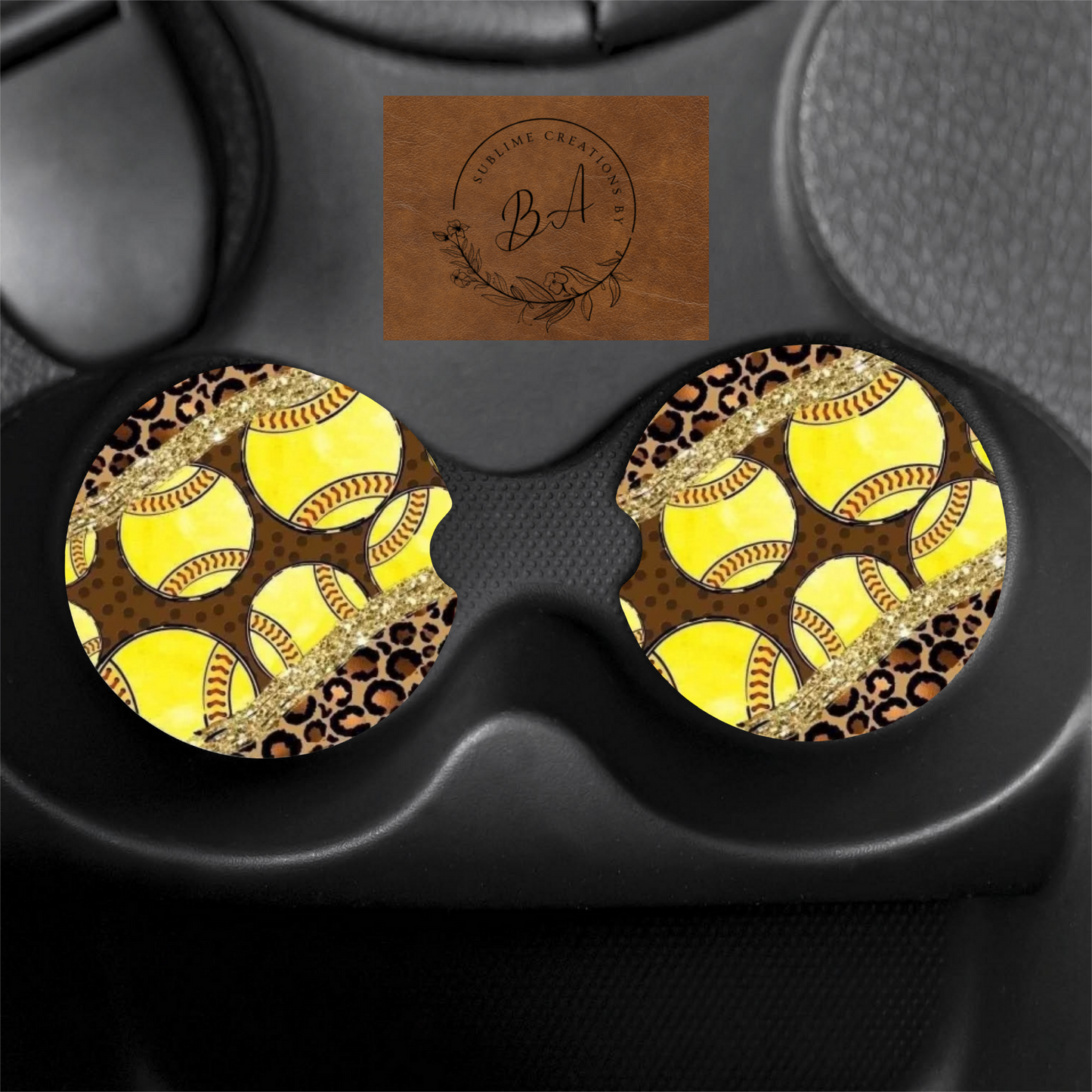 Softball Leopard Car Coaster Set