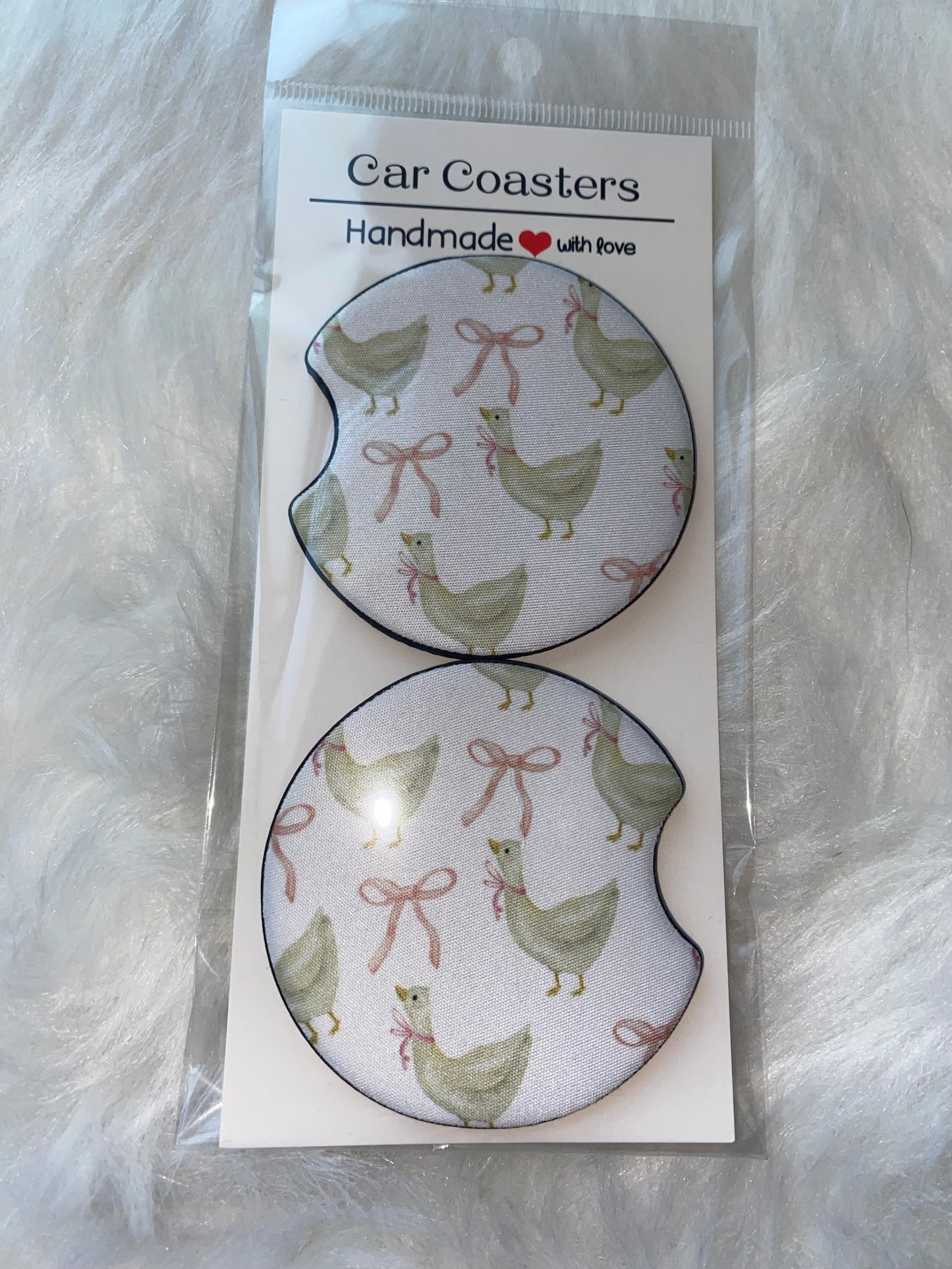 Goose Pink Ribbon Print Car Coaster Set