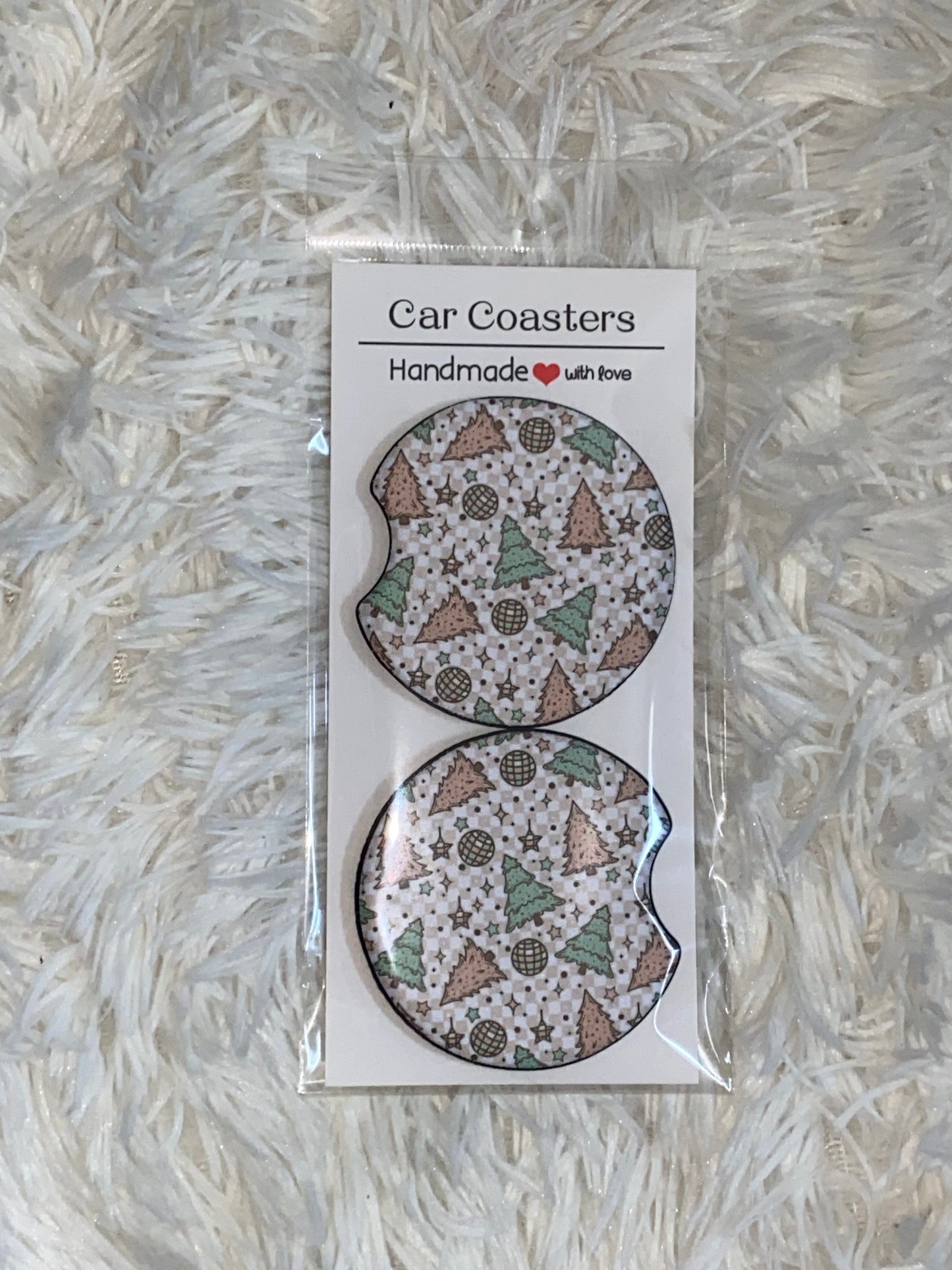 Disco Christmas Trees Print Car Coaster Set