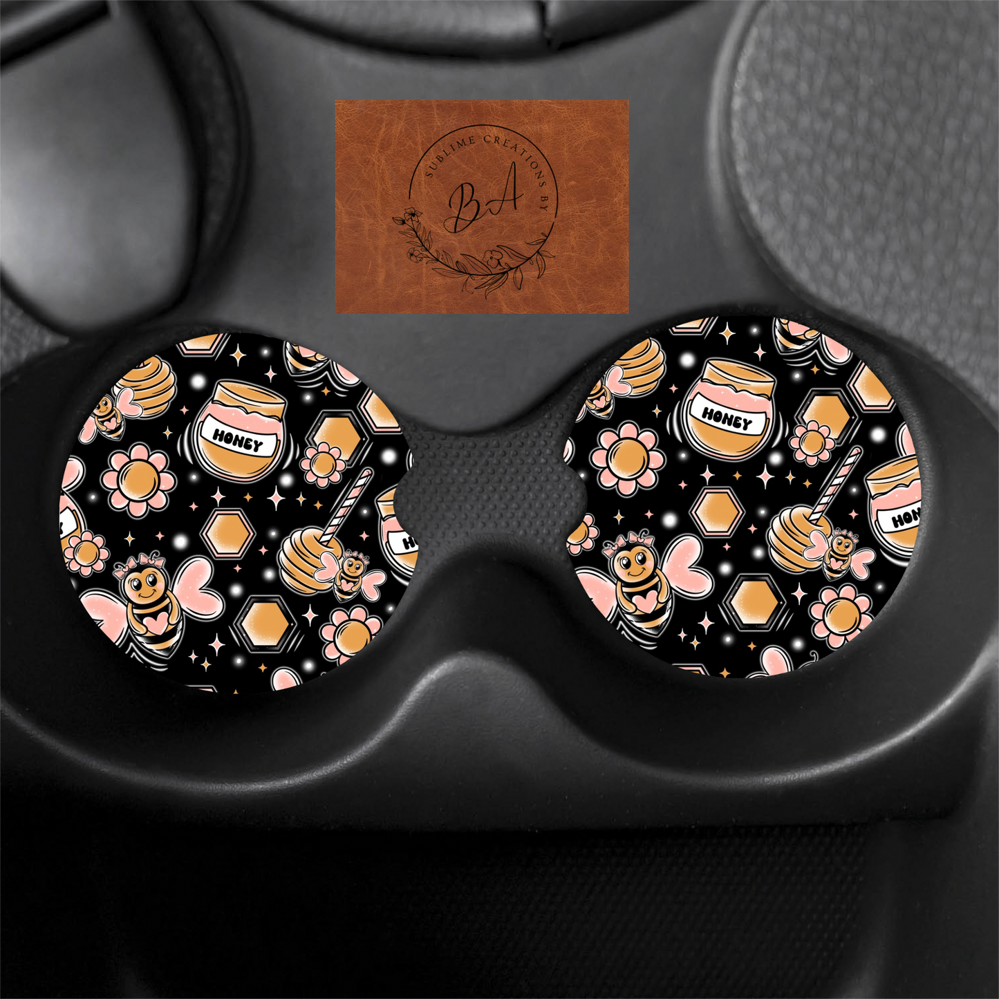 Valentine Bees Print Car Coaster Set