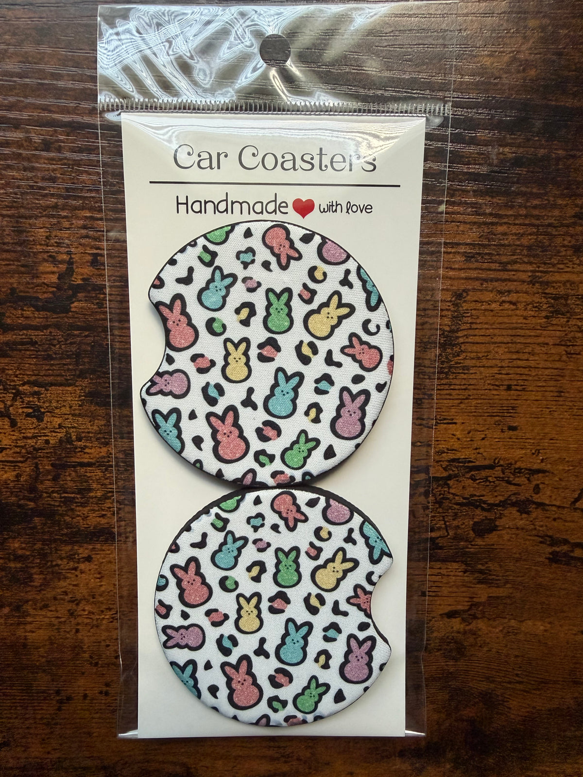 Glittered Colorful Bunny Print Car Coaster Set