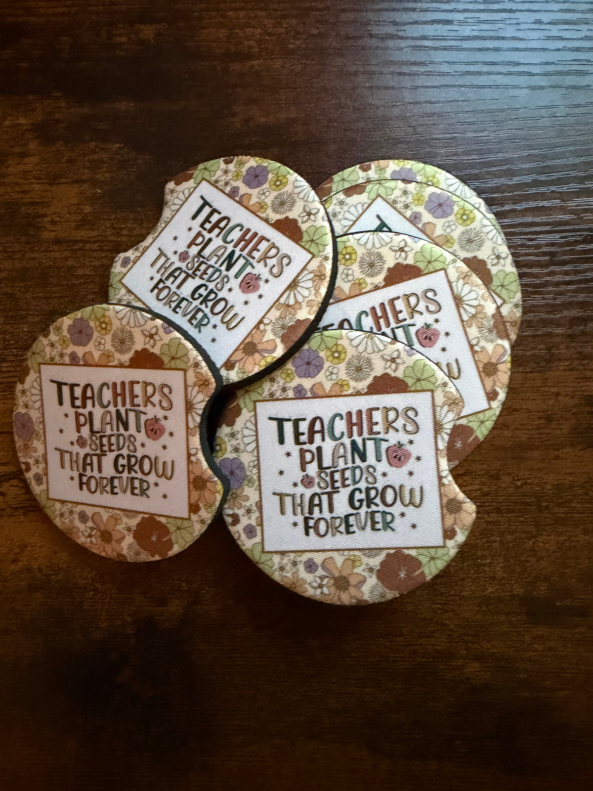 "Teachers Plant Seeds That Grow Forever" Car Coaster Set