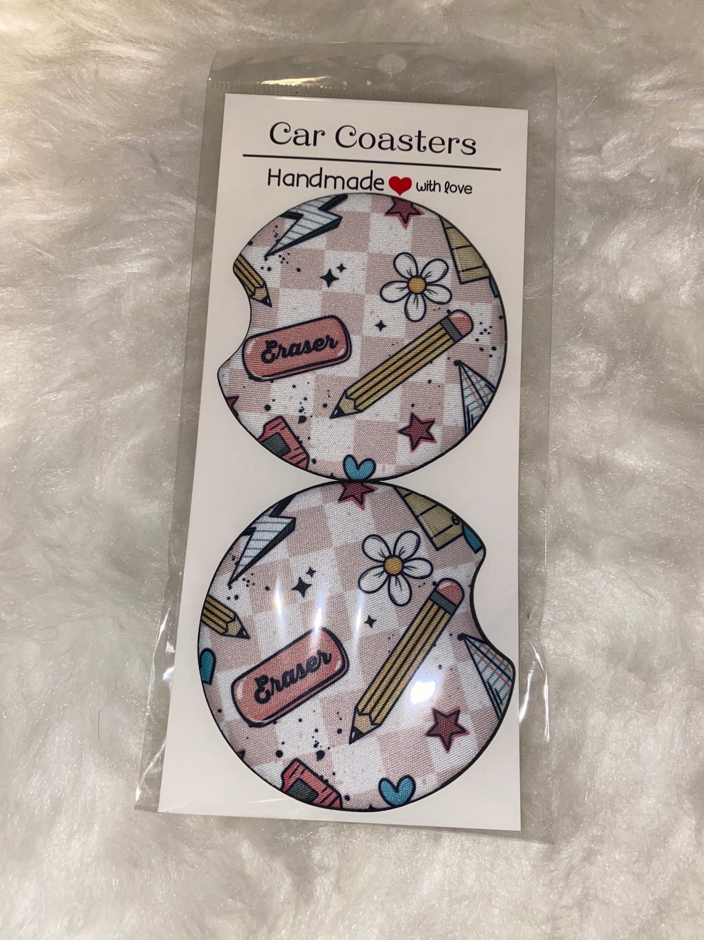 School Checker Seamless Print Car Coaster Set