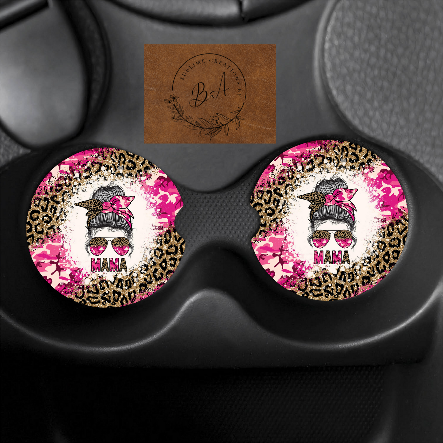 Mama Pink Camo Car Coaster Set