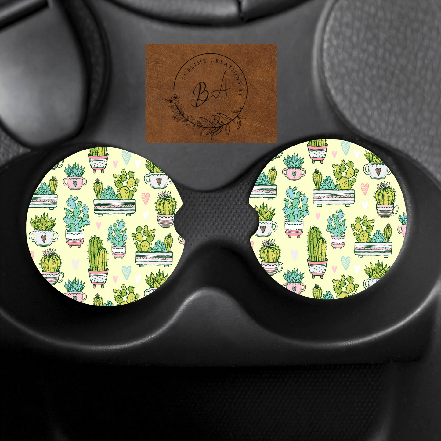 Succlent Print Car Coaster Set