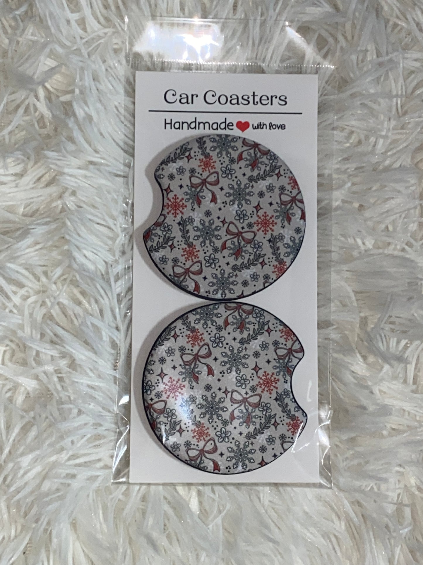 Snow and Bows Print Car Coaster Set