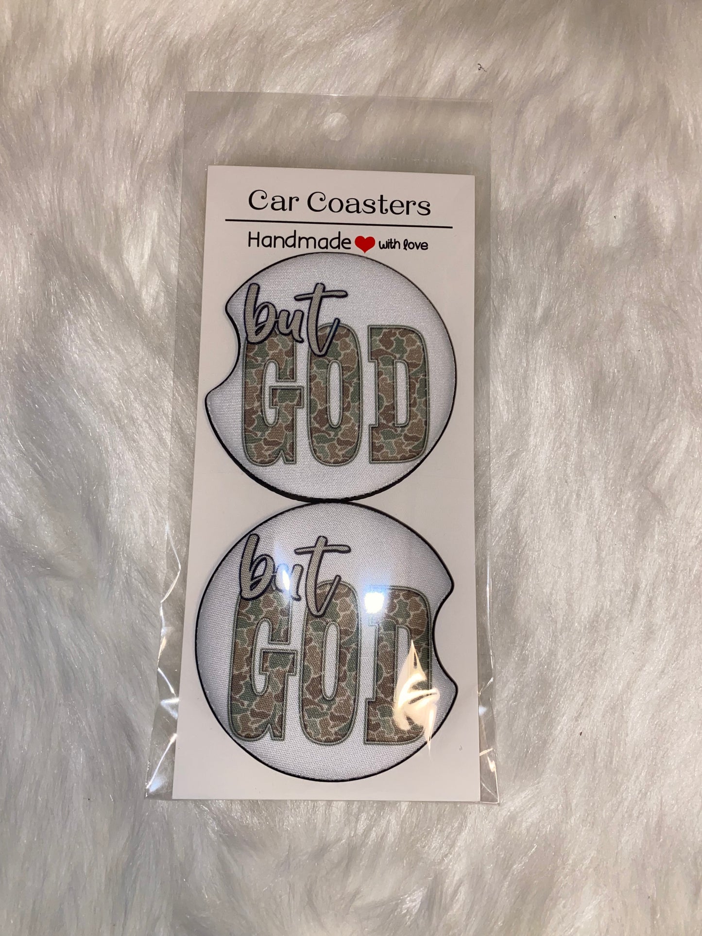 But God Print Car Coaster Set
