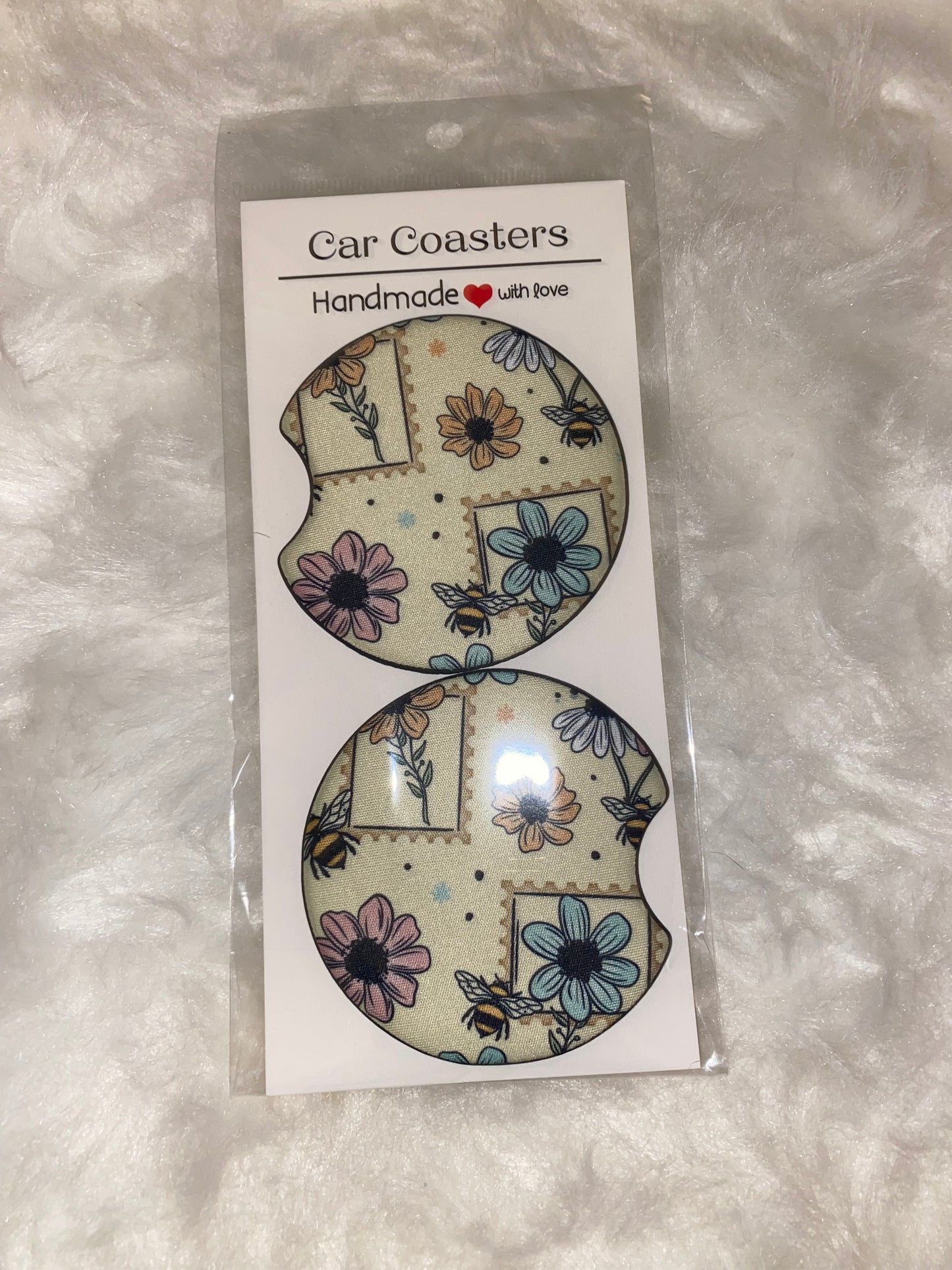Floral Stamp Print Car Coaster Set