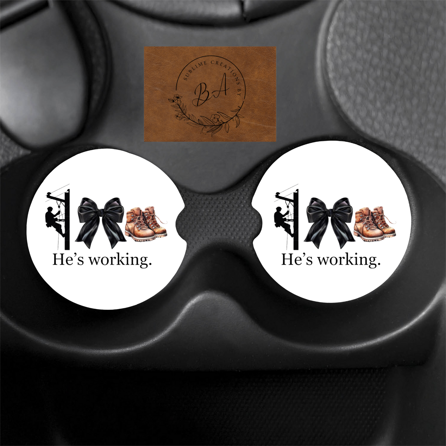 He’s Working Lineman Printed Car Coaster Set