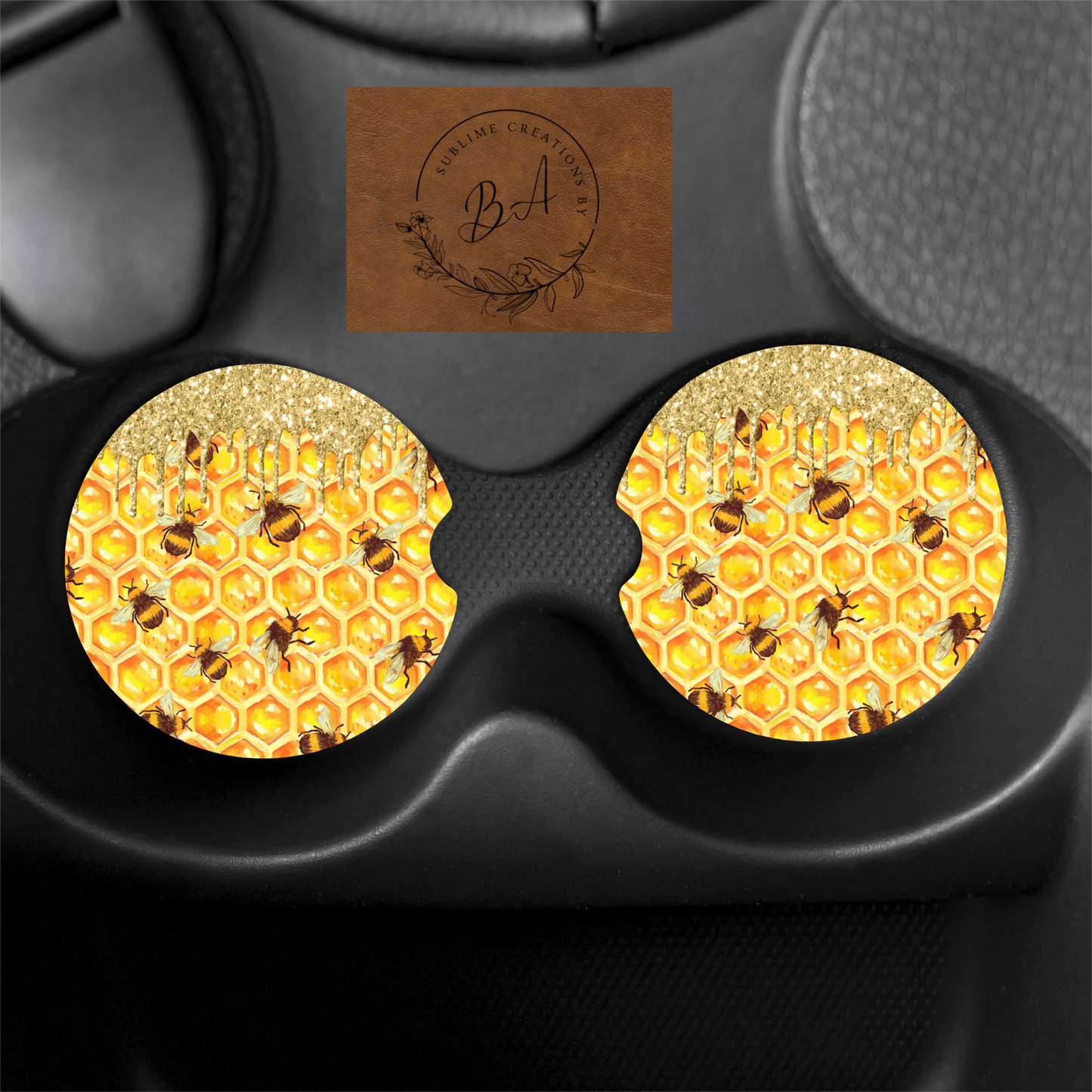 Bumble Bee Glitter Print Car Coaster Set