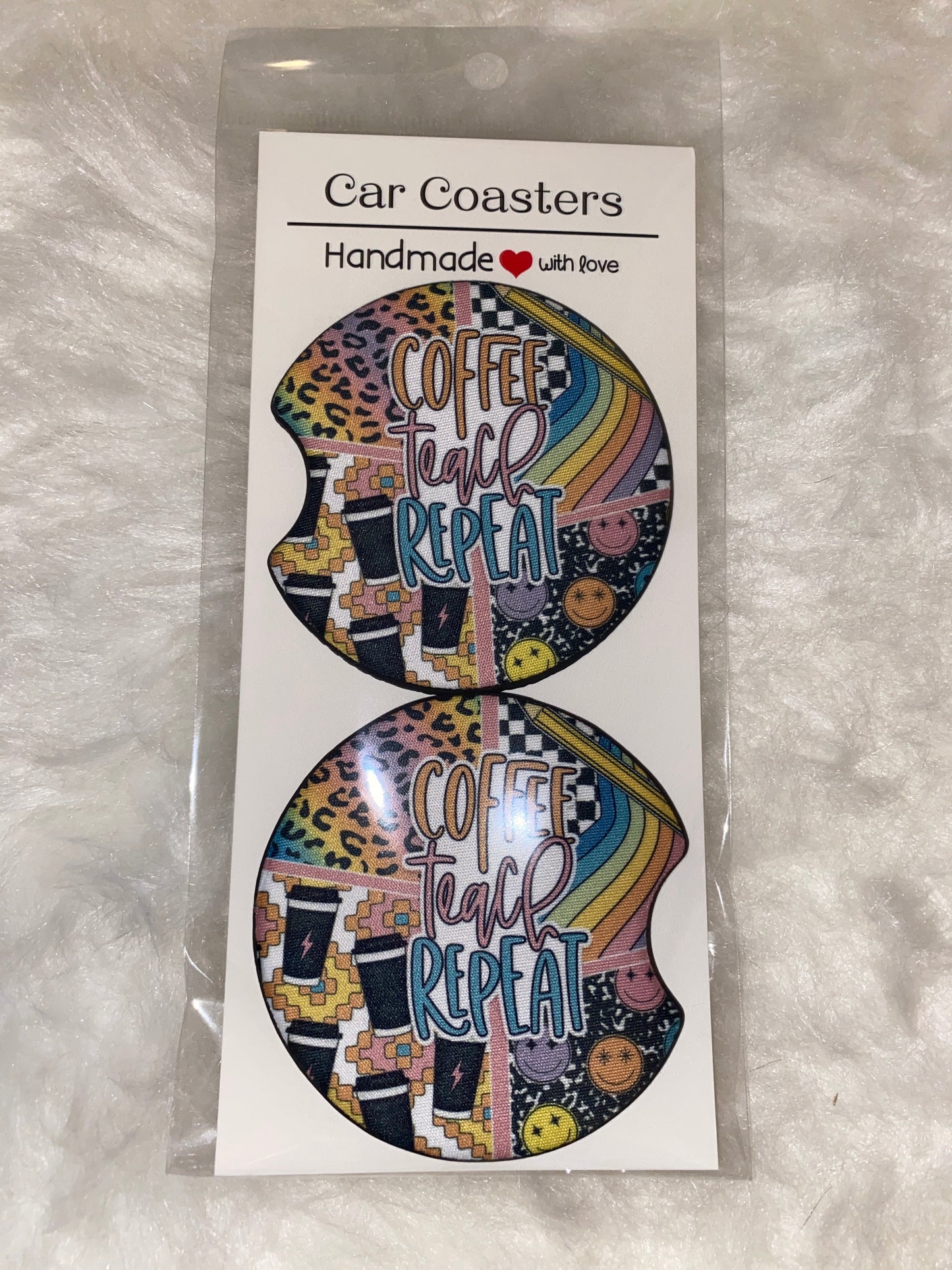 Coffee, Teach, Repeat Print Car Coaster Set