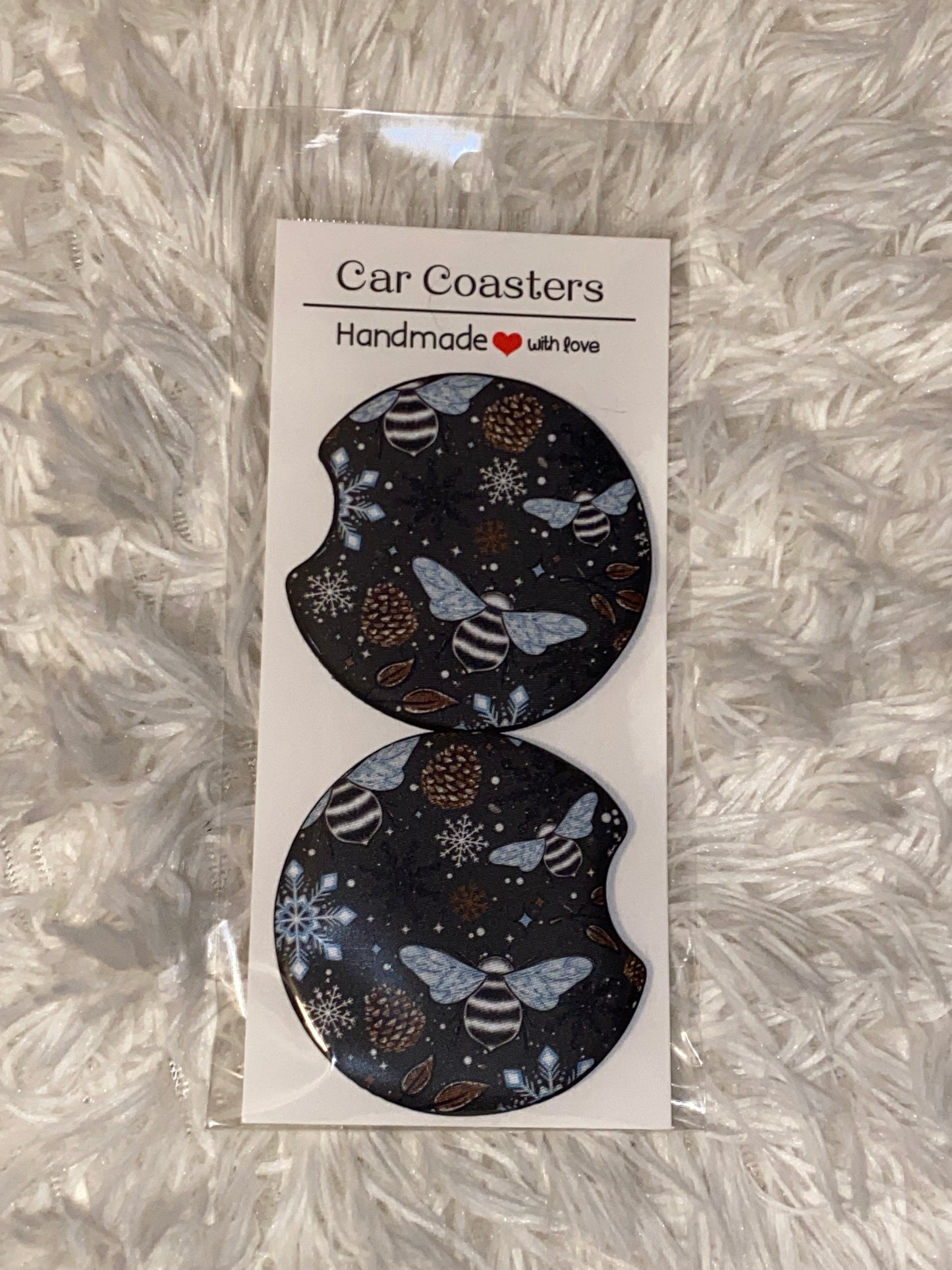 Winter Bees Print Car Coaster Set