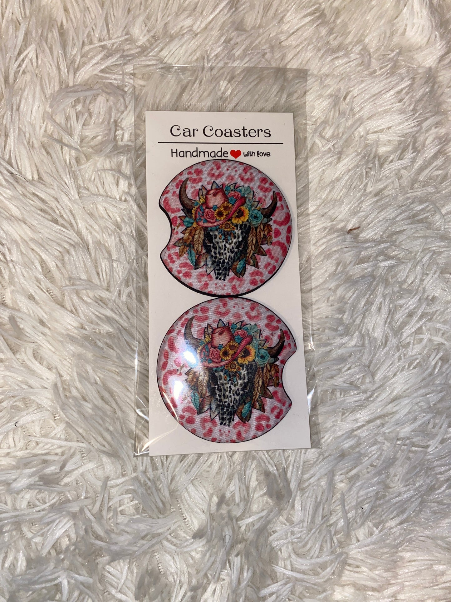 Pink Leopard Cow Skull Print Car Coaster Set