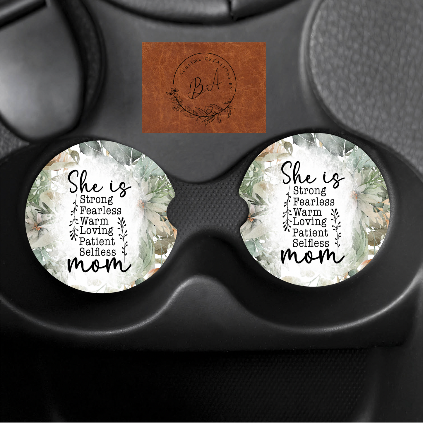 She is Mom Seamless Car Coaster Set