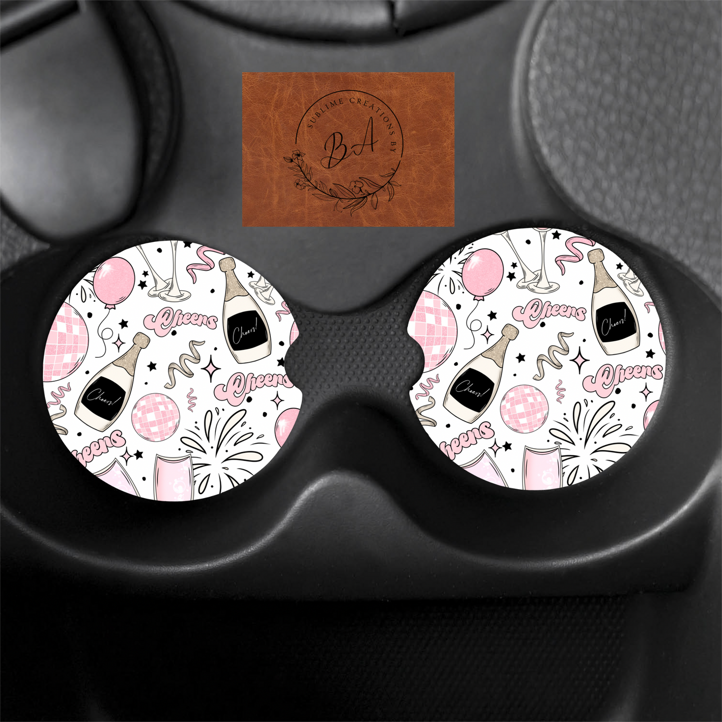 Pink New Years Print Car Coaster Set