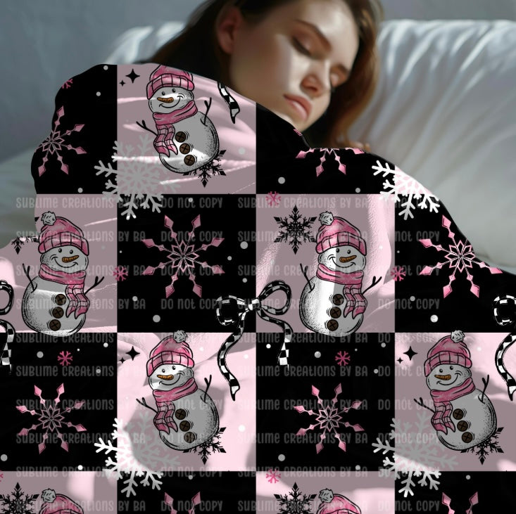 Pink Snowman Sherpa Blanket, Velveteen Plush Blanket
