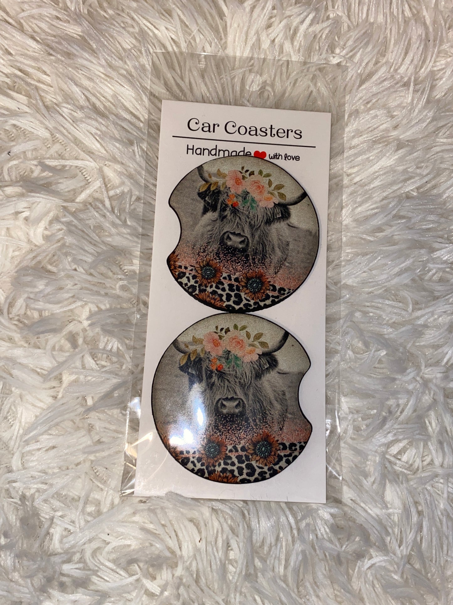 Cow Hyland Floral Print Car Coaster Set
