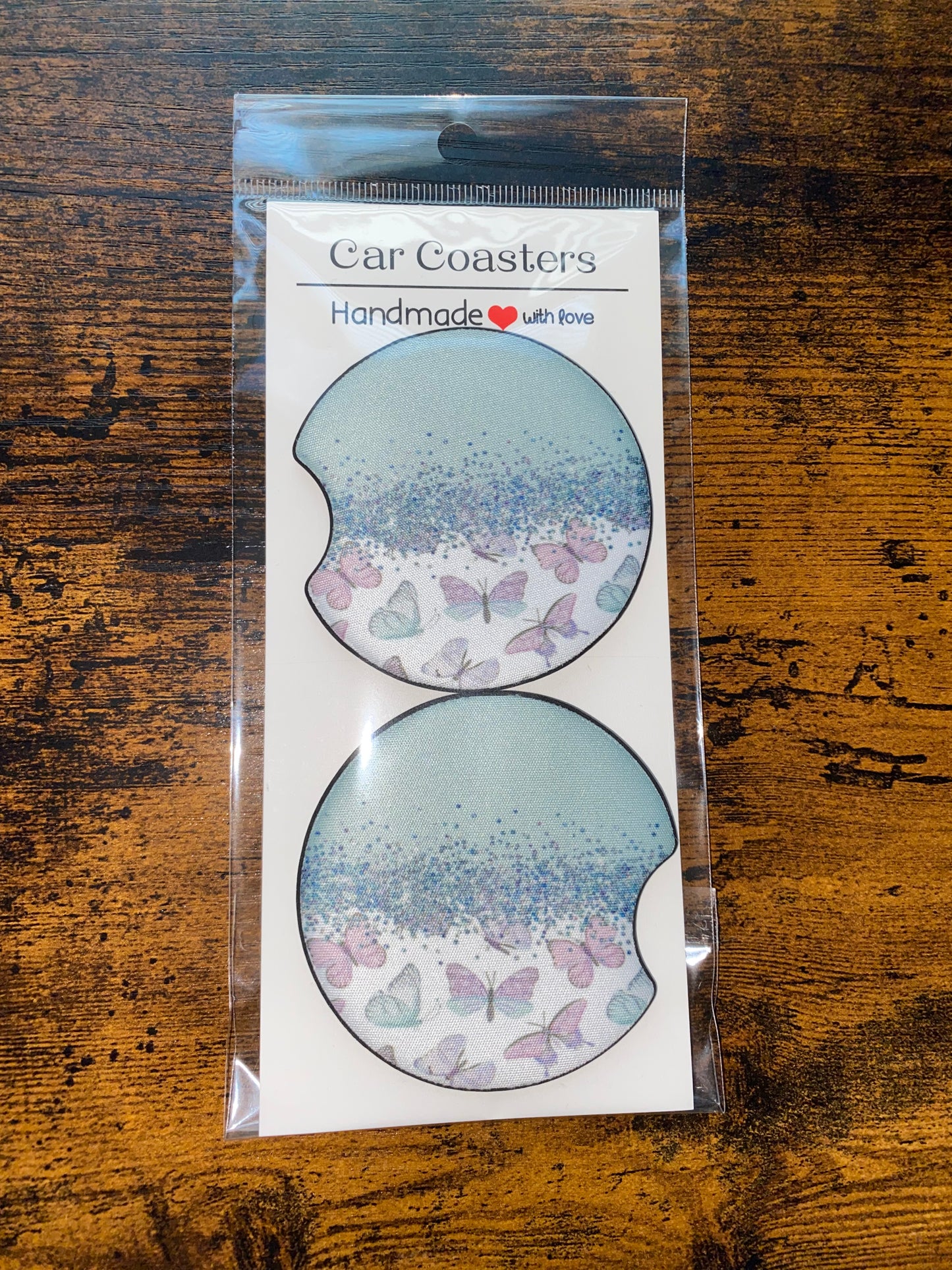Butterfly/Blue Glitter Print Car Coaster Set