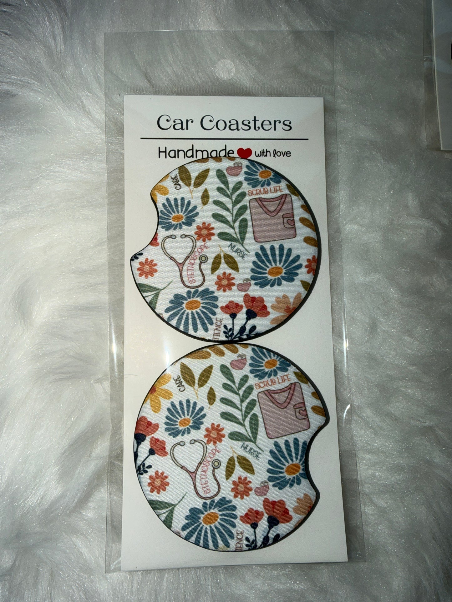 Floral Nurse Collage Print Car Coaster Set