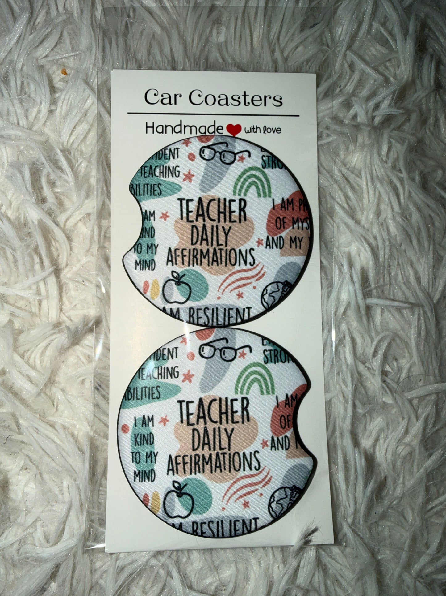 Teacher Affirmation Seamless Print Car Coaster Set