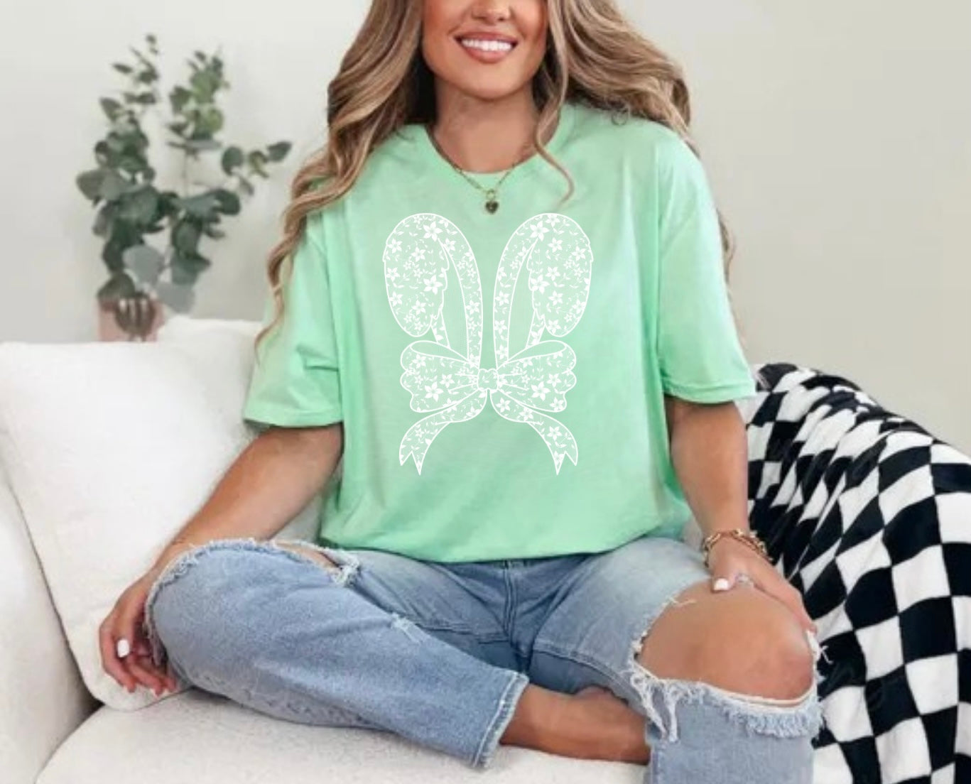 Floral Lace Bunny Coquette Bow Tee