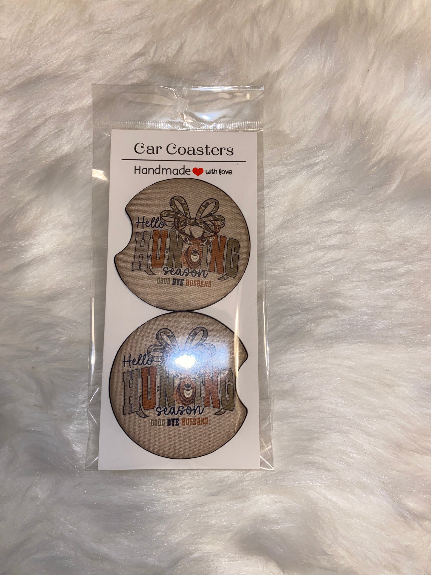 Hello Hunting Season Goodbye Husband Print Car Coaster Set