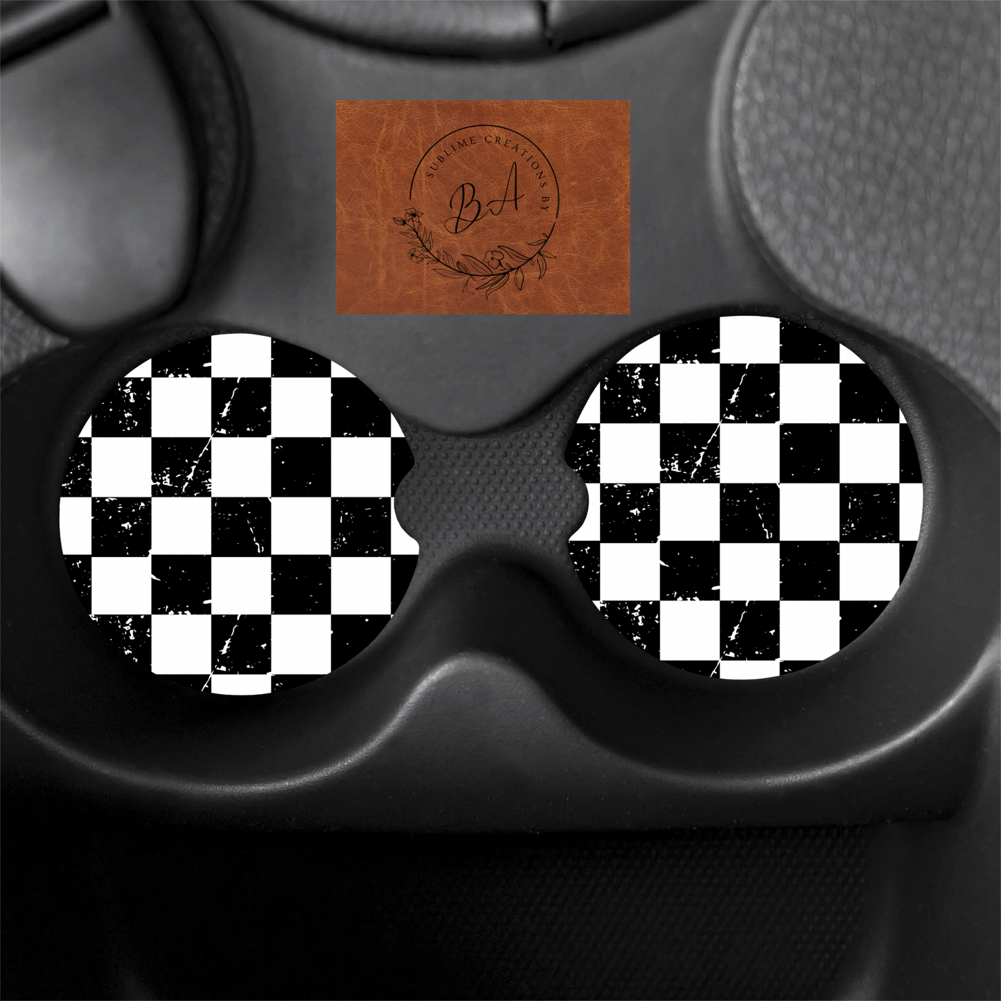 Distressed Checkered Seamless Print Car Coaster Set
