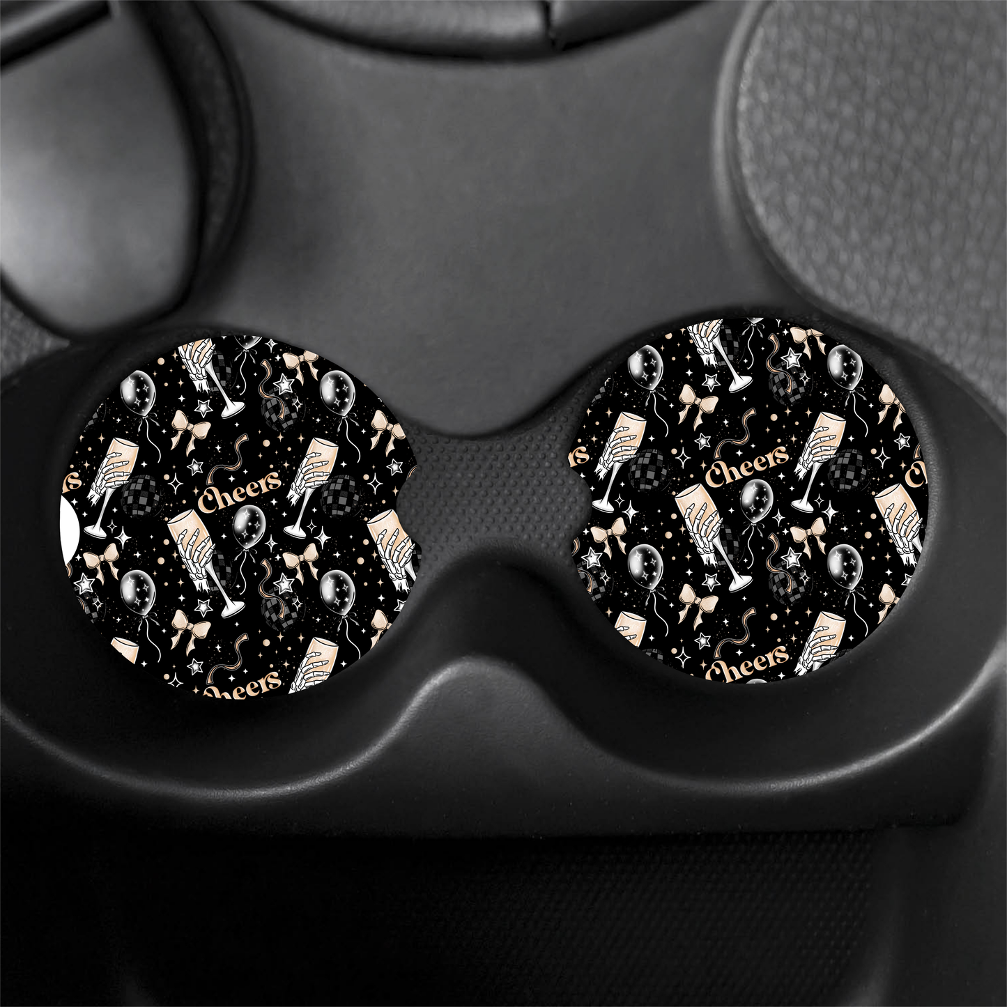 Cheers New Years Print Car Coaster Set