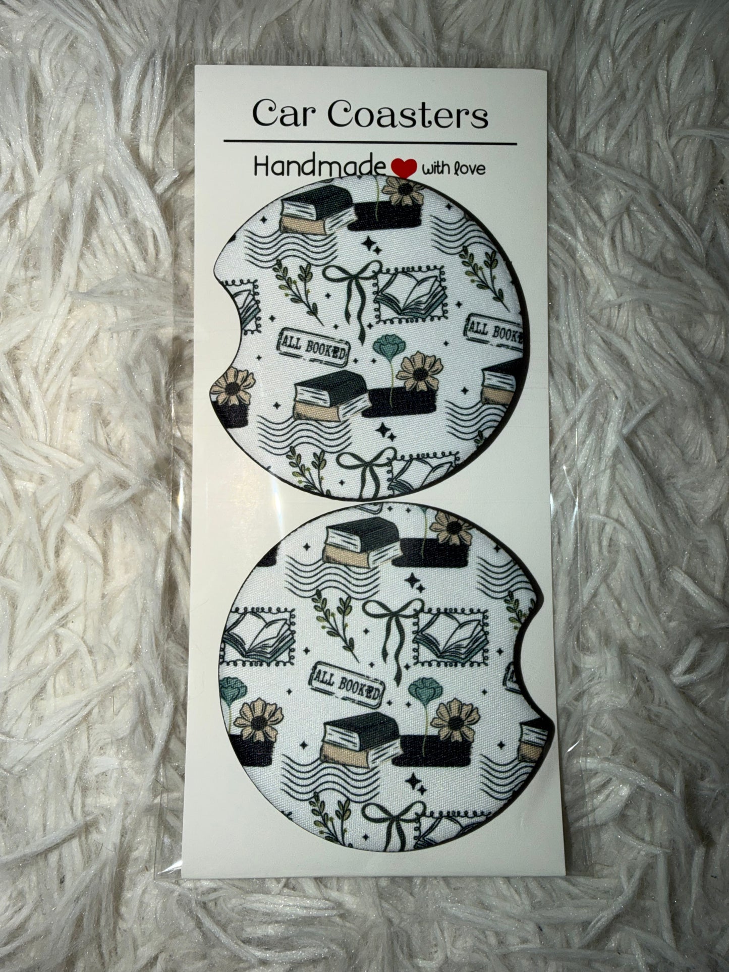 All Booked Seamless Print Car Coaster Set