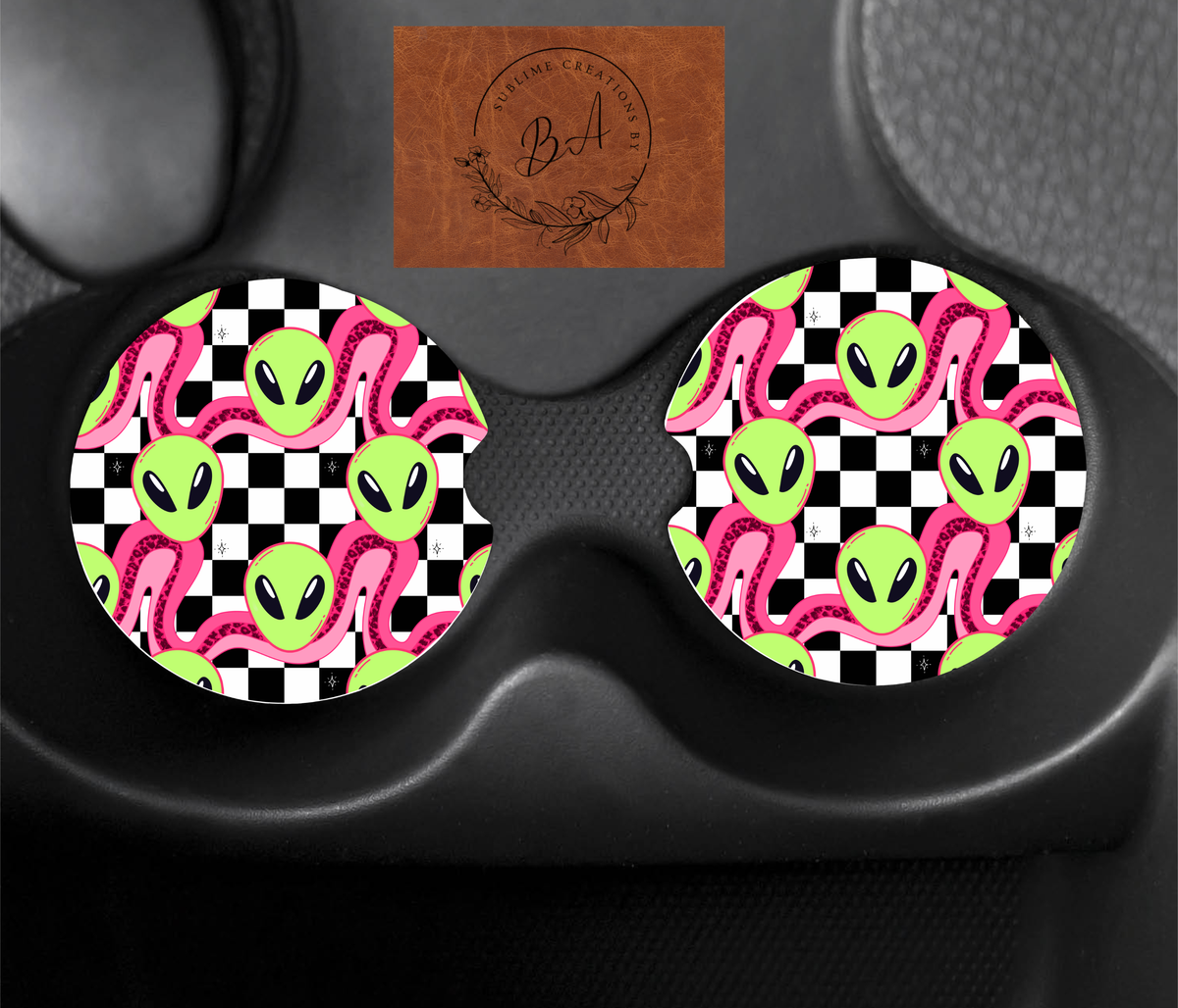 Alien Checker Seamless Print Car Coaster Set