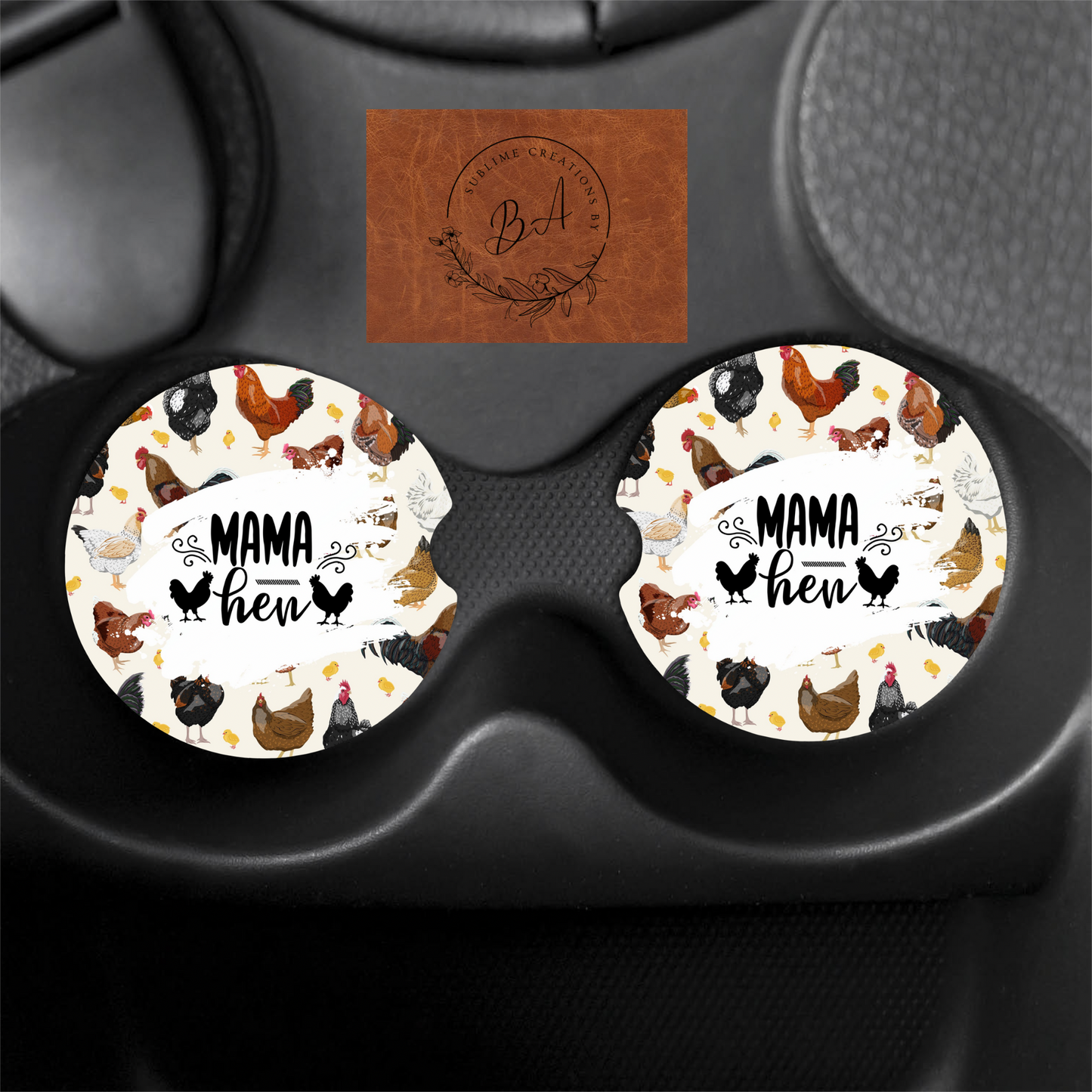 Mama Hen Print Car Coaster Set