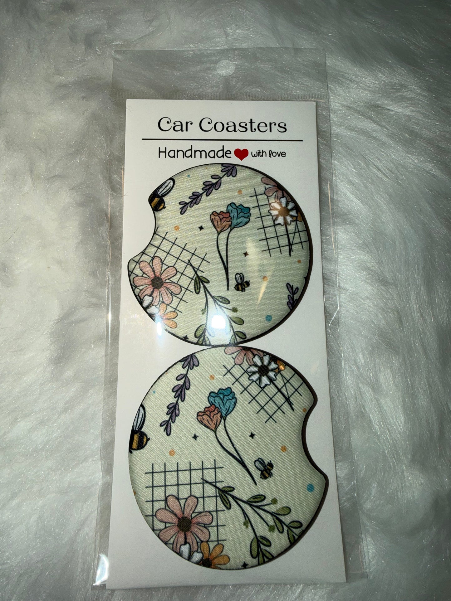 Wildflowers and Bees Seamless Print Car Coaster Set