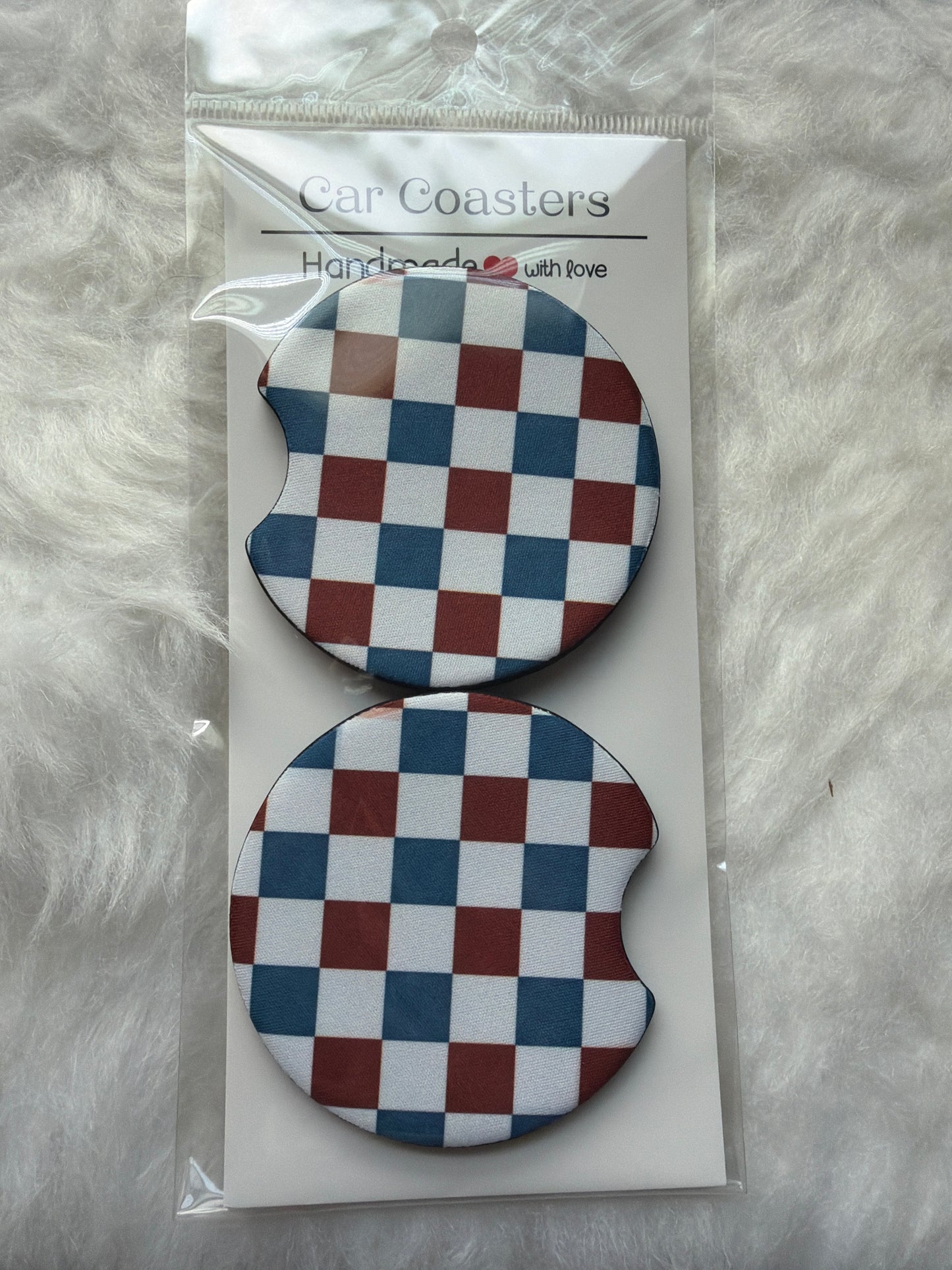 4th of July Checker Seamless Print Car Coaster Set