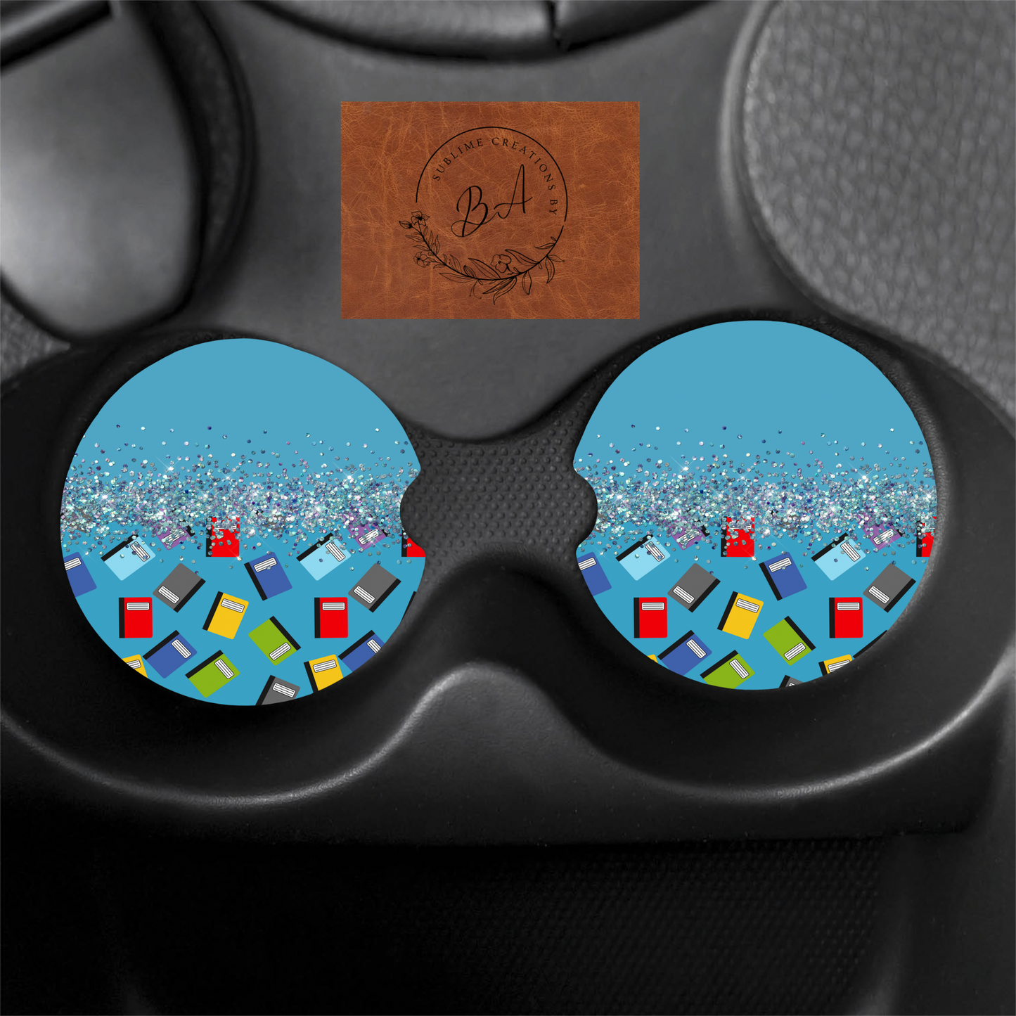 Glitter Blue Books Seamless Print Car Coaster Set