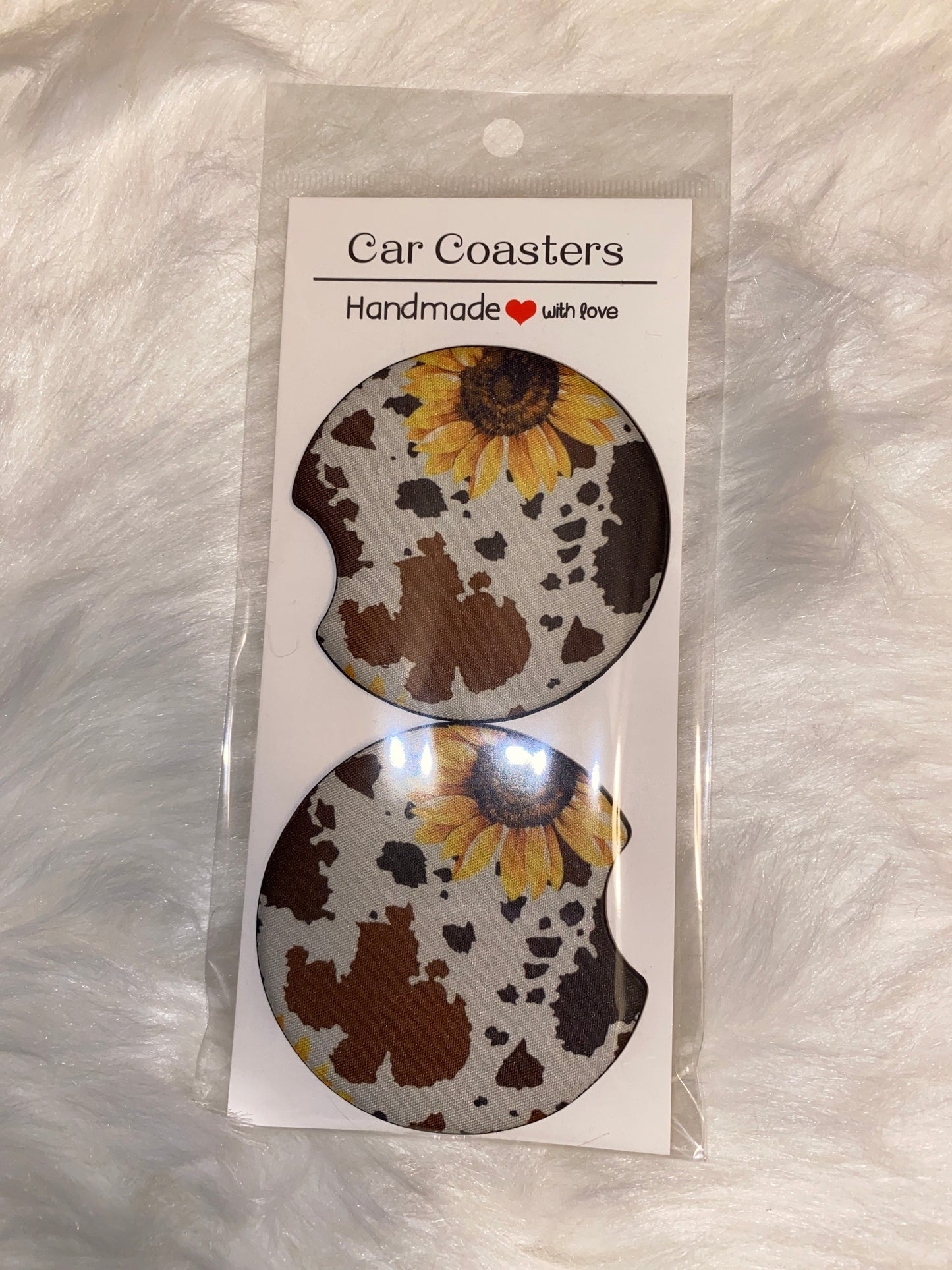 Sunflower Cow Print Car Coaster Set