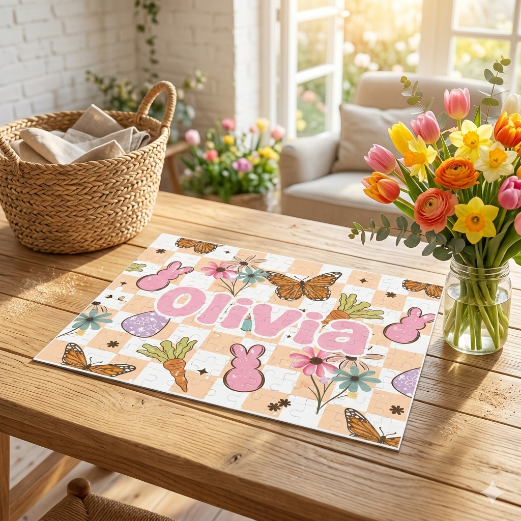 Spring Butterfly Bunnies Name Personalized Puzzle