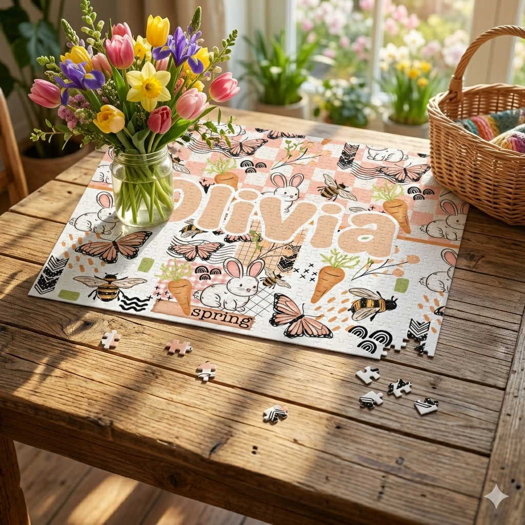 Spring Checker Bunny Personalized Puzzle