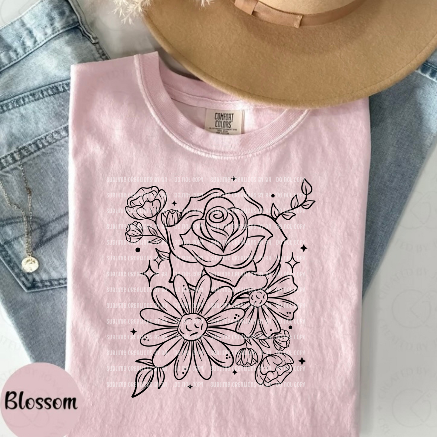 Floral Black Outline Single CC Tee