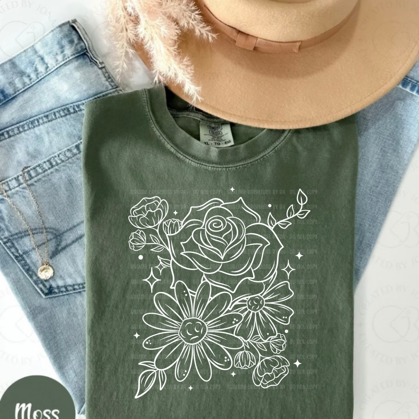 Floral White Outline Single CC Tee