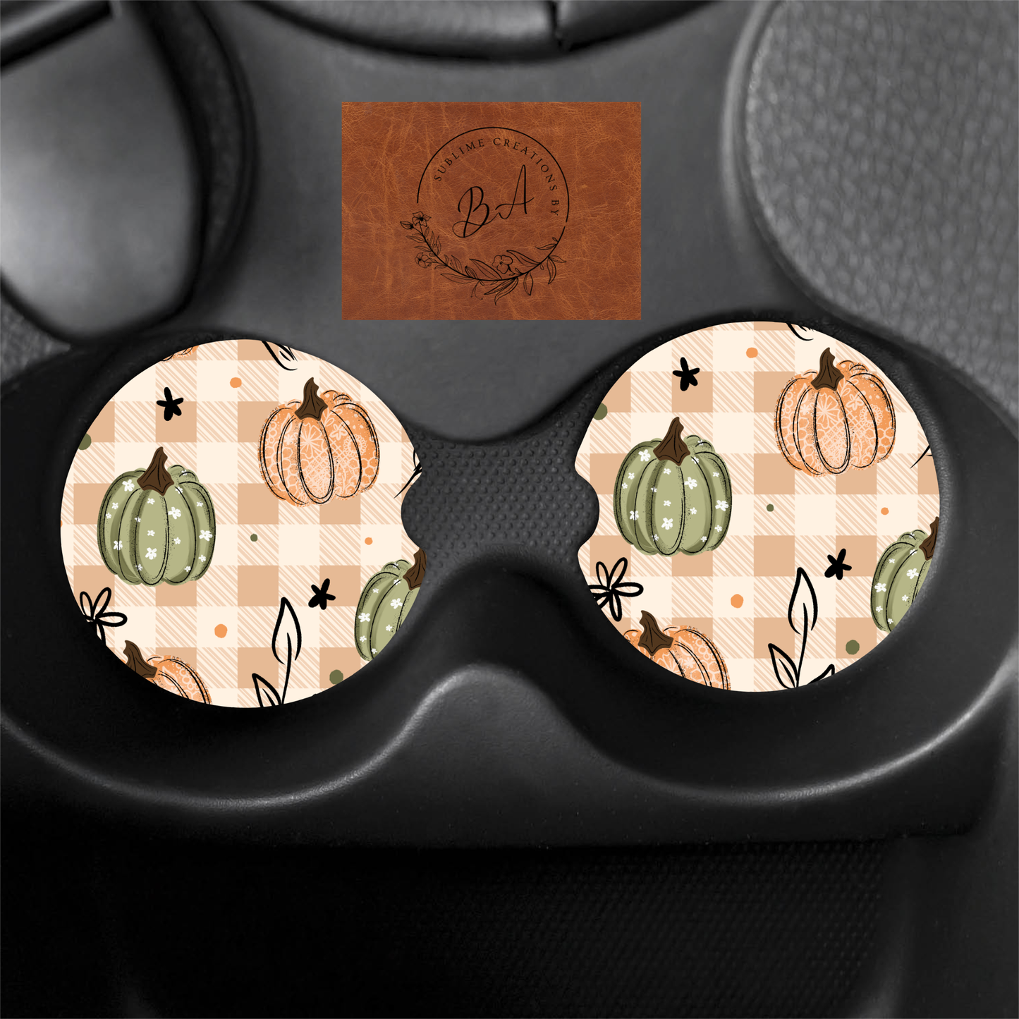 Thankful Pumpkins Seamless Print Car Coaster Set