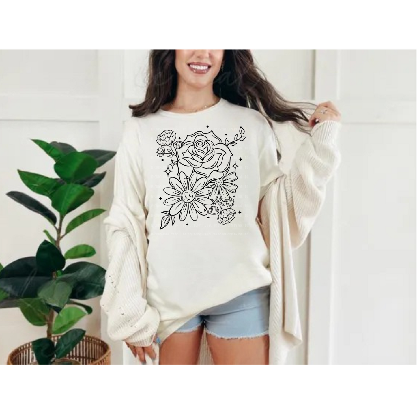 Floral Black Outline Single Tee