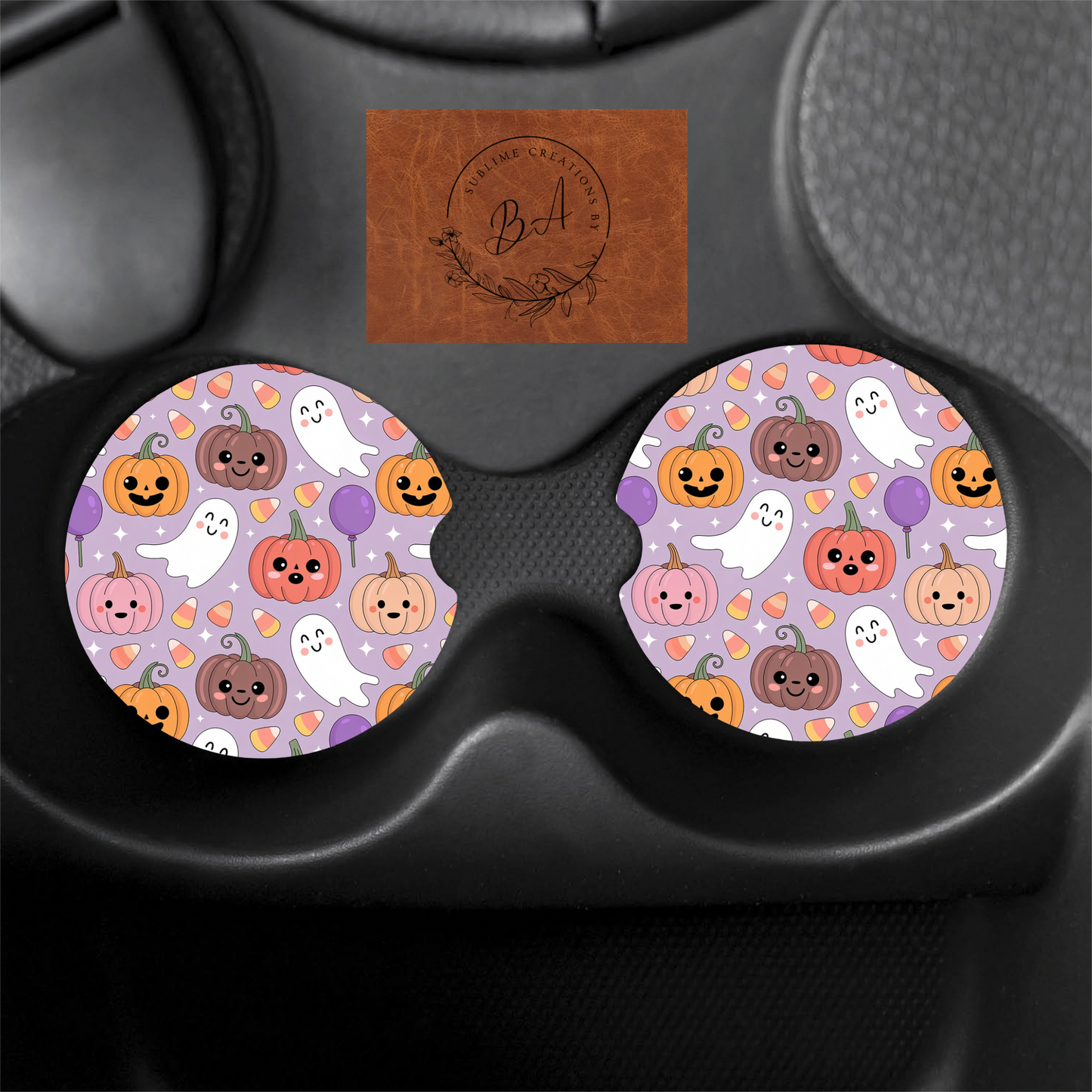 Pumpkin Ghost Halloween Print Car Coaster Set