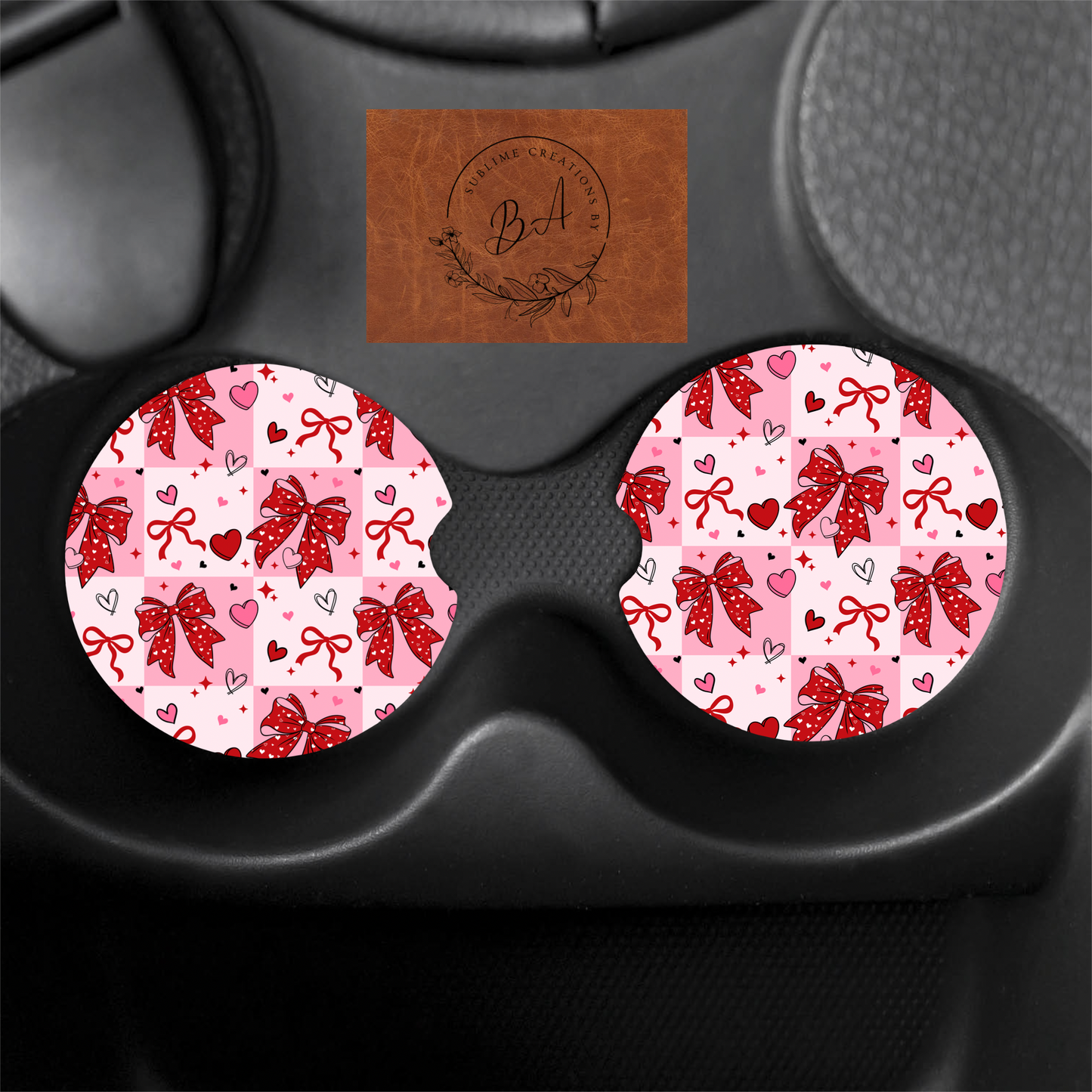 Heart and Bows Seamless Print Car Coaster Set