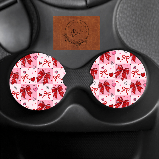 Heart and Bows Seamless Print Car Coaster Set